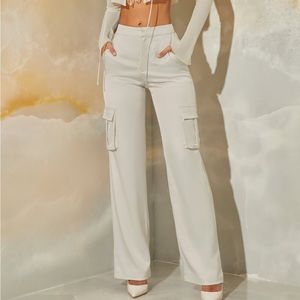 Oh Polly Satin Straight Leg Cargo Trousers in Stone